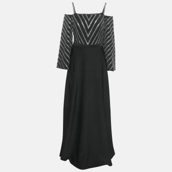 Pre Owned Basix Black Embellished Crepe Cold-Shoulder Gown M