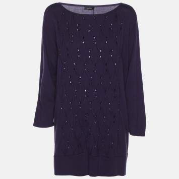 Pre Owned Basler Purple Stretch Knit Diamond Crystal Embellished Sweater XL