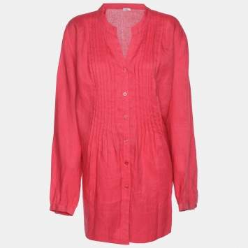 Pre Owned Basler Red Linen Pintuk Plain Long Sleeve Shirt L