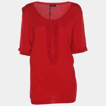 Pre Owned Basler Red Stretch Knit Ruffle Details Tops XL