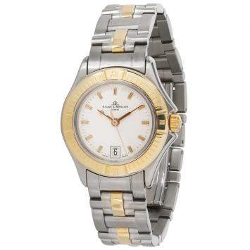 Pre Owned Baume & Mercier White 18K Yellow Gold And Stainless Steel Malibu MV045047 Women's Wristwatch 28 MM