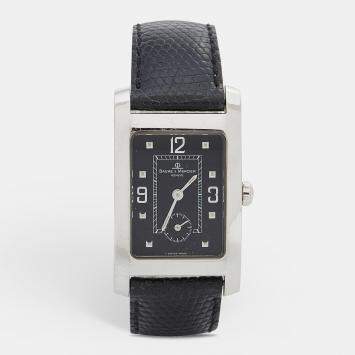 Pre Owned Baume & Mercier Black Stainless Steel Leather Hampton MV045063 Women's Wristwatch 24 mm