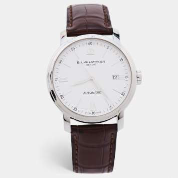Pre Owned Baume & Mercier White Stainless Steel Alligator Leather Classima Executives 65554 Men's Wristwatch 39 mm