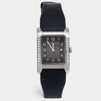 Pre Owned Baume & Mercier Grey Stainless Steel Leather Diamond Hampton 65694 Women's Wristwatch 27 mm