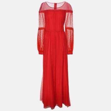 Pre Owned BCBGMAXAZRIA Red Knit Long Sleeve Maxi Dress L
