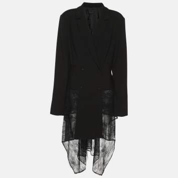 Pre Owned BCBGMAXAZRIA Black Crepe and Lace Hem Double Breasted Blazer L