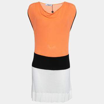 Pre Owned Blumarine Orange and White Colorblock Knit Drop Waist Sleeveless Dress L