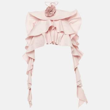 Blumarine Pink Cotton Halter Neck Ruffled Rose Detail Crop Top L 