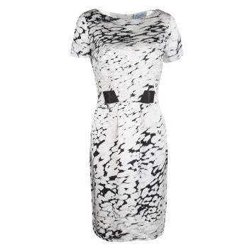 Pre Owned Blumarine Monochrome Animal Printed Silk Embellished Dress M