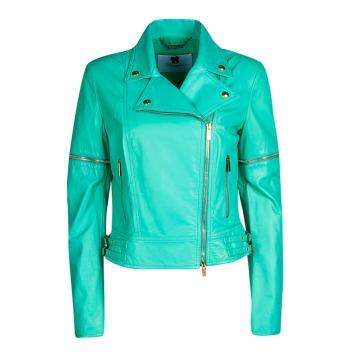 Pre Owned Blumarine Green Lamb Leather Zip Front Jacket M