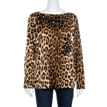 Pre Owned Blumarine Brown Leopard Printed Silk Cutout Detail Embellished Contrast Lined Blouse L