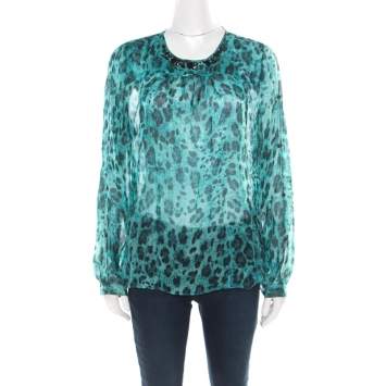 Blumarine Blue and Black Animal Printed Silk Embellished Neck Blouse M