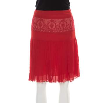 Pre Owned Blumarine Red Floral Lace Insert Crinkled Silk Skirt S