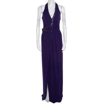 Pre Owned Blumarine Purple Embellished Draped Halter Gown S