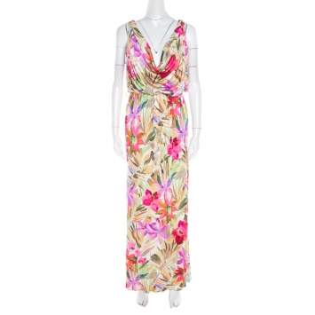 Pre Owned Blumarine Multicolor Floral Printed Silk Jersey Draped Sleeveless Maxi Dress S
