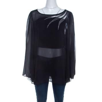 Pre Owned Blumarine Sheer Black Crepe Beaded Trim Cape Sleeve Blouse L