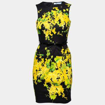 Pre Owned Blumarine Black and Yellow Floral Print Stretch Cotton Belted Sheath Dress S
