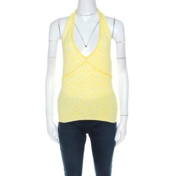 Blumarine Yellow Animal Patterned Jacquard Bead Embellished Backless Halter Top M