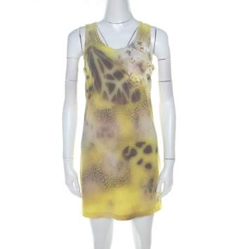 Pre Owned Blumarine Yellow Printed Applique Detail Short Dress S