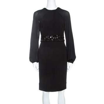 Pre Owned Blumarine Black Stretch Wool Crepe Embellished Belted Sheath Dress S