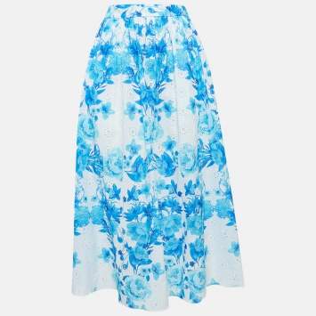 Pre Owned Borgo De Nor Blue Floral Print Broderie Anglaise Cotton Rhea Midi Skirt S