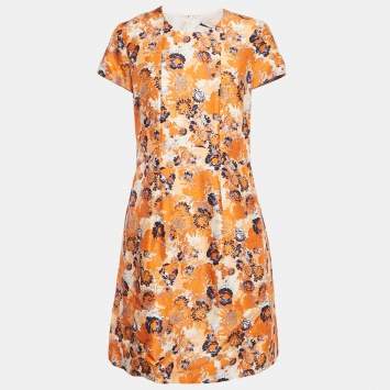 Pre Owned Boss By Hugo Boss Orange Floral Print Silk Short Dress M