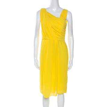 Pre Owned Boss By Hugo Boss Yellow Crepe Pleated Sleeveless Drapira Dress L