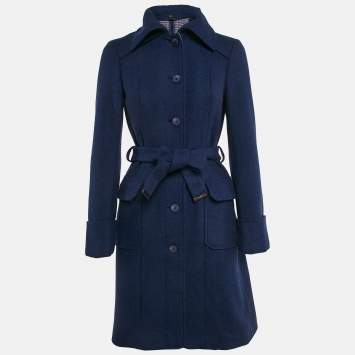 Pre Owned Boss By Hugo Boss Royal Blue Wool Blend Belted Long Trenchcoat S