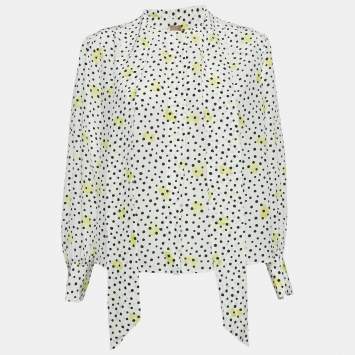 Pre Owned Boss By Hugo Boss White Polka Dots Silk Baboah Blouse M