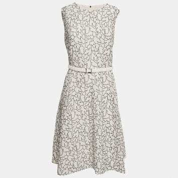 Pre Owned Hugo Boss White Embroidery Crepe Belted Sleeveless Knee-Length Dress L
