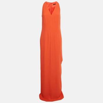 Pre Owned فستان ماكسي بوس باي هيوغو بوس كريب فاتح بشق جانبي أحمر قاني M