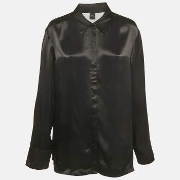 مملوكة مسبقًا قميص بوس باي هوغو بوس بيروتا ساتان أسود بأكمام طويلة كبير جدا