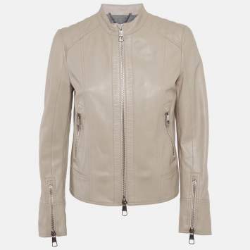Pre Owned Boss By Hugo Boss Beige Leather Zip-Up Jacket S