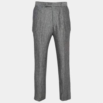 مملوكة مسبقًا Boss By Hugo Boss Grey Pinstripe Linen Straight-Leg Trousers XL
