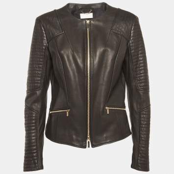 مملوكة مسبقًا Boss by Hugo Boss Black Leather Collarless Jacket M