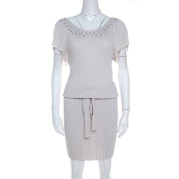 Pre Owned Boss Orange by Hugo Boss Grey Ribbed Stretch Knit Belted Dress XS