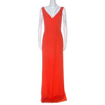 Pre Owned Boss By Hugo Boss Orange Crepe V-Neck Long Sleeveless Dress M