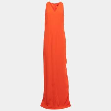 Pre Owned Boss By Hugo Boss Orange Crepe Sleeveless V-Neck Slit Detail Maxi Dress M
