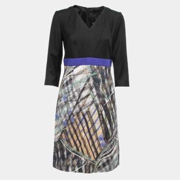 Pre Owned Boss By Hugo Boss Black Printed Wool Long Sleeve A-Line Dress M