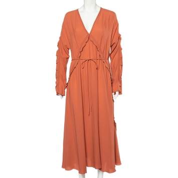 Pre Owned Bottega Veneta Dusky Orange Silk Georgette Belted Fluid Maxi Dress L
