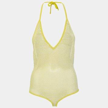 Pre Owned Bottega Veneta Yellow Open-Knit Halter Neck Bodysuit L