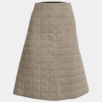 Pre Owned Bottega Veneta Khaki Brown Quilted Linen Midi Skirt M