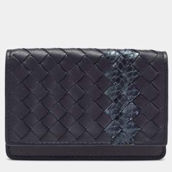Pre Owned Bottega Veneta Navy Blue Intrecciato Leather and Snakeskin Business Card Holder