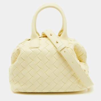 Pre Owned Bottega Veneta Light Yellow Intrecciato Leather Mini Bauletto Bowling Bag