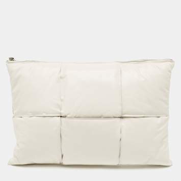 Pre Owned Bottega Veneta White Intrecciato Leather Padded Oversized Zip Pouch