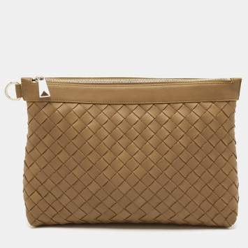 Pre Owned Bottega Veneta Brown Intrecciato Leather Oversized Zip Pouch