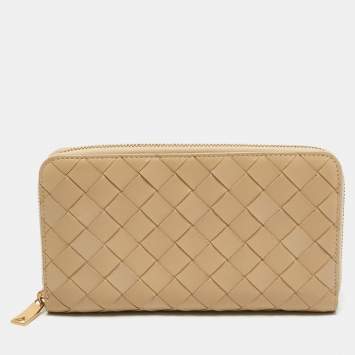Pre Owned Bottega Veneta Beige Intrecciato Leather Zip Continental Wallet