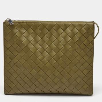 Bottega Veneta Olive Green Intrecciato Leather Zip Pouch