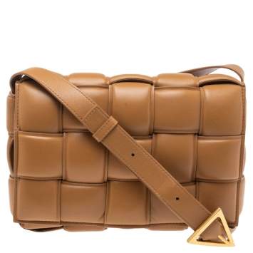 Pre Owned Bottega Veneta Tan Maxi Intrecciato Leather Padded Cassette Bag