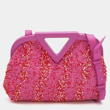 Pre Owned Bottega Veneta Pink Boucle Tweed Point Shoulder Bag